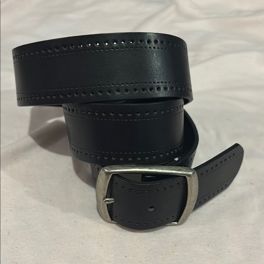 Vtg Liz Claiborne Black Leather Laser cut Belt Brass Buckle size large